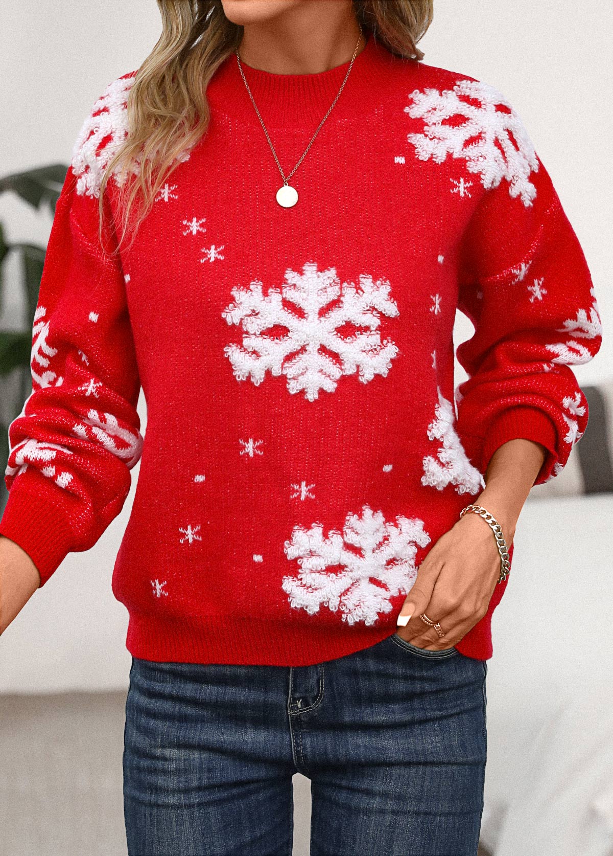 Christmas Snowflake Print Red Stand Collar Long Sleeve Sweater