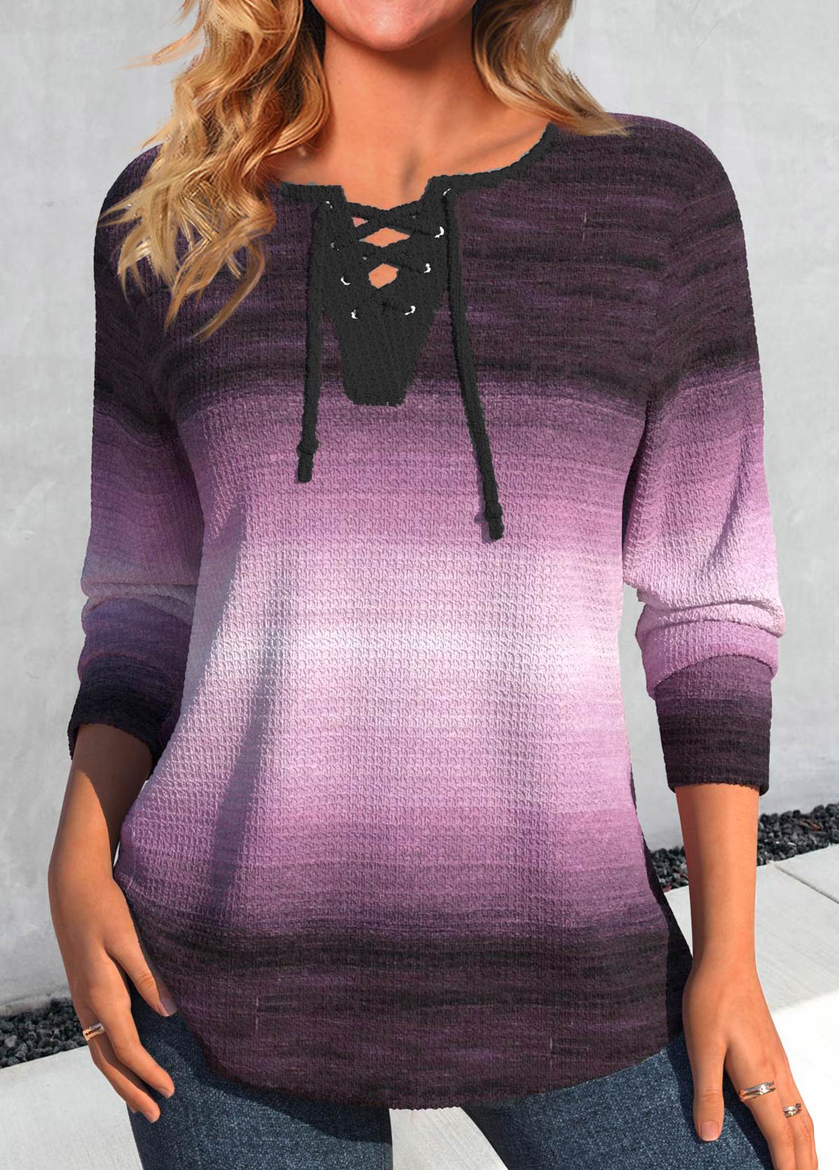 ROTITA Lace Up Ombre Purple Long Sleeve T Shirt