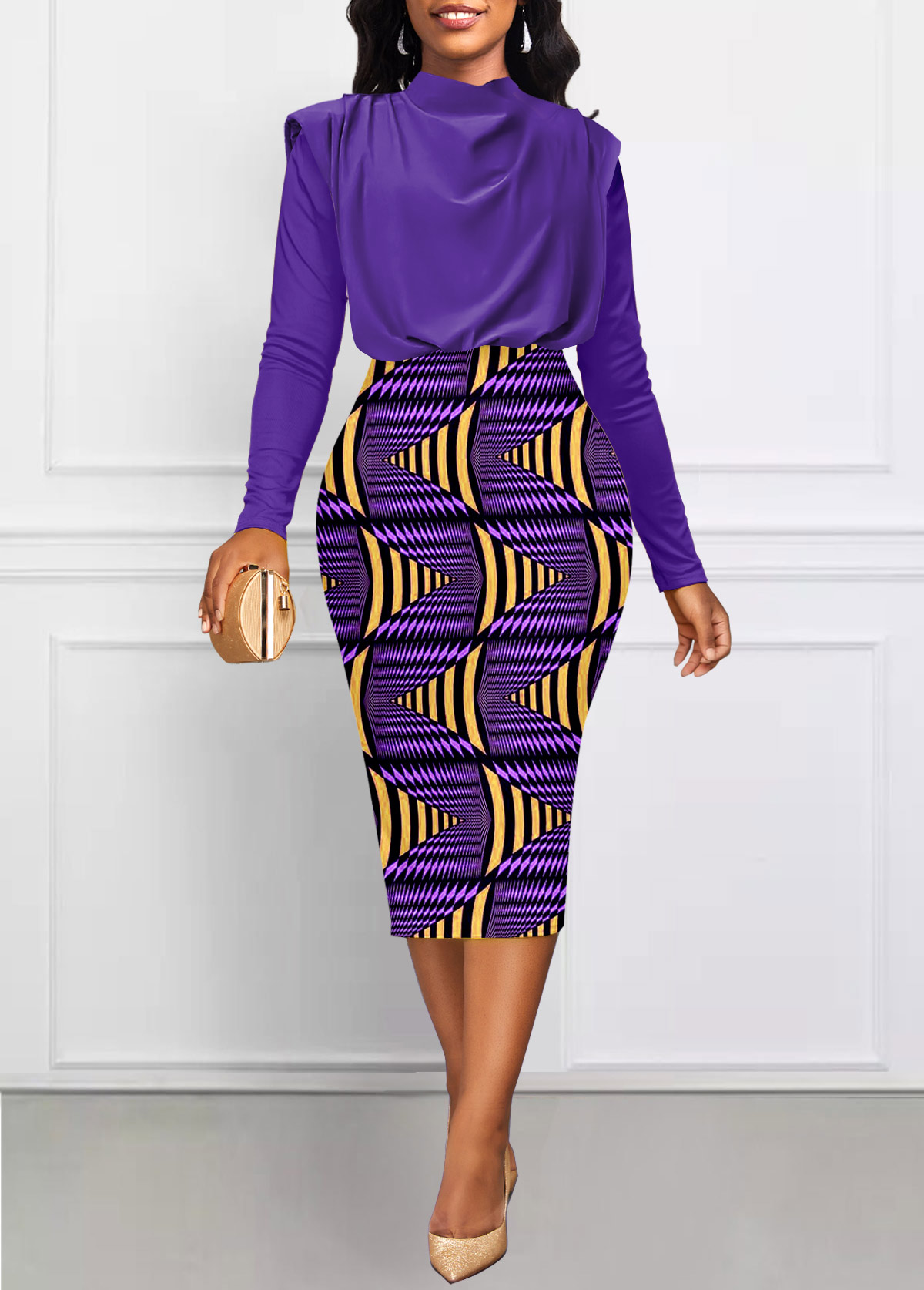 rotita robe moulante violette à imprimé géométrique patchwork et col drapé