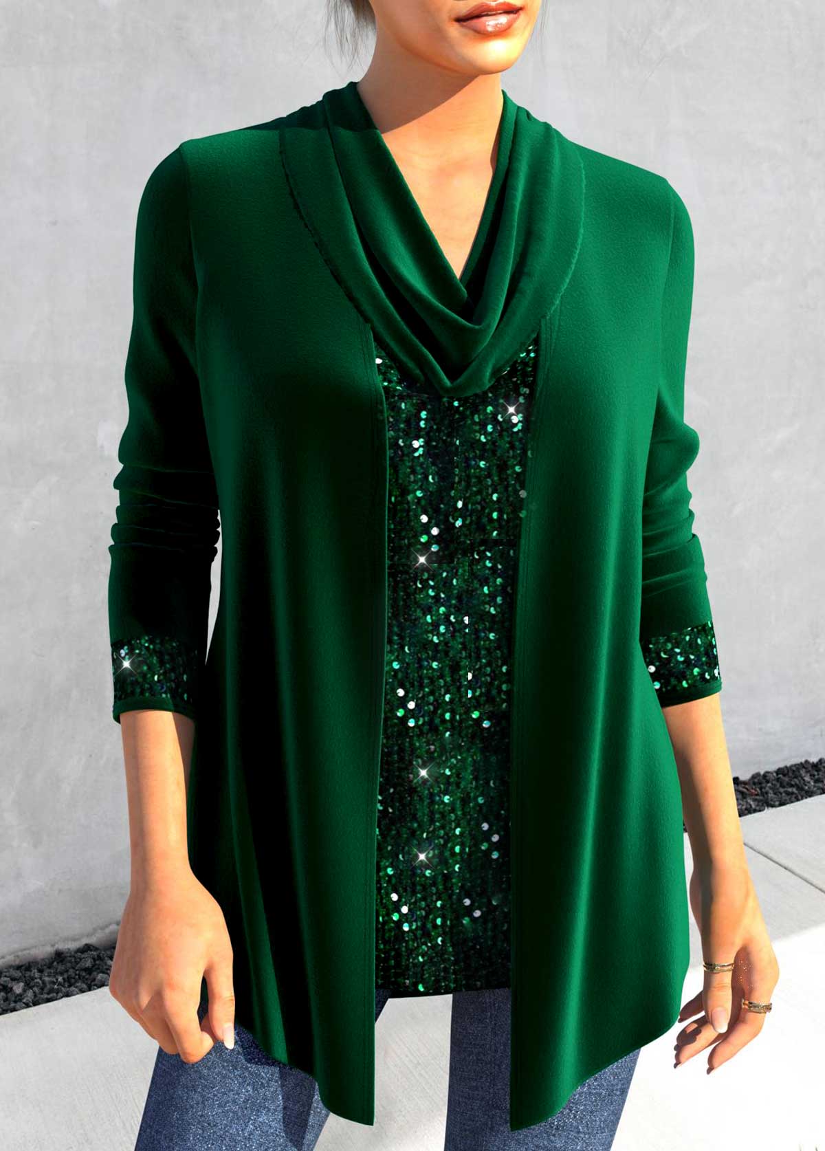 ROTITA Sequin Blackish Green Cowl Neck Long Sleeve T Shirt