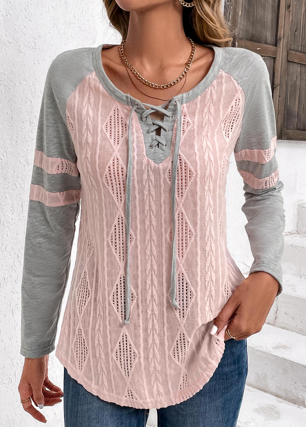 ROTITA Plus Size Twisted Light Pink Long Sleeve T Shirt
