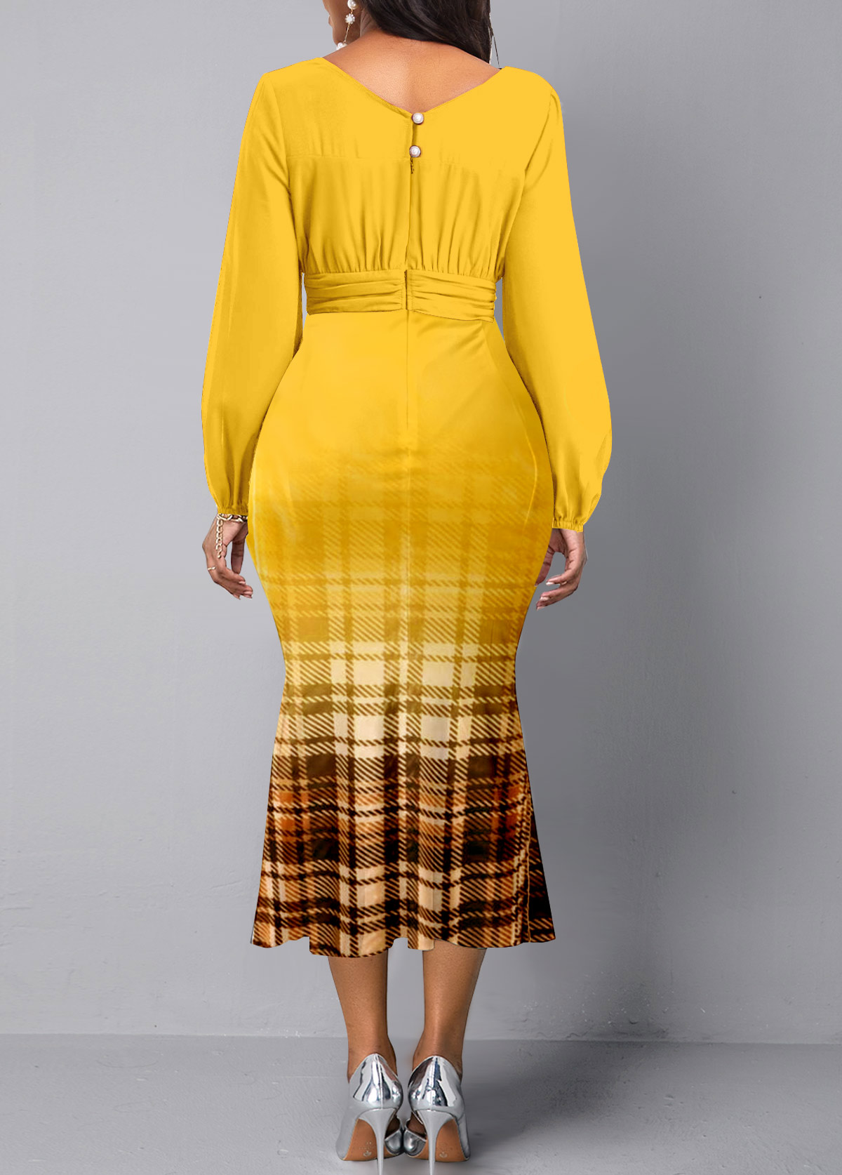 Yellow dresses,Plaid dresses,Geometric dresses,Striped dresses,Party dresses,Elegant dresses,ROTITA Plaid Yellow V Neck Long Sleeve Mermaid Dress