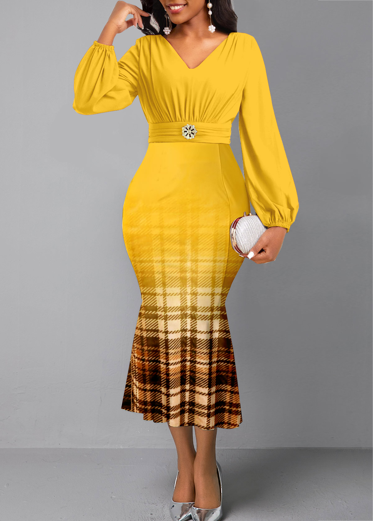 Yellow dresses,Plaid dresses,Geometric dresses,Striped dresses,Party dresses,Elegant dresses,ROTITA Plaid Yellow V Neck Long Sleeve Mermaid Dress