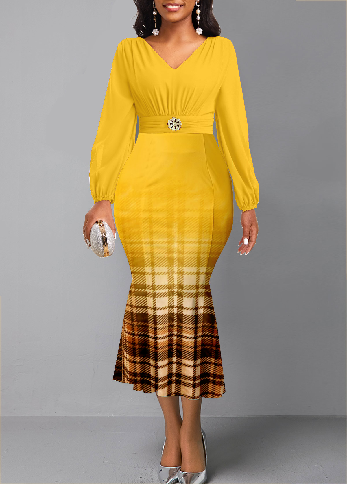 Yellow dresses,Plaid dresses,Geometric dresses,Striped dresses,Party dresses,Elegant dresses,ROTITA Plaid Yellow V Neck Long Sleeve Mermaid Dress