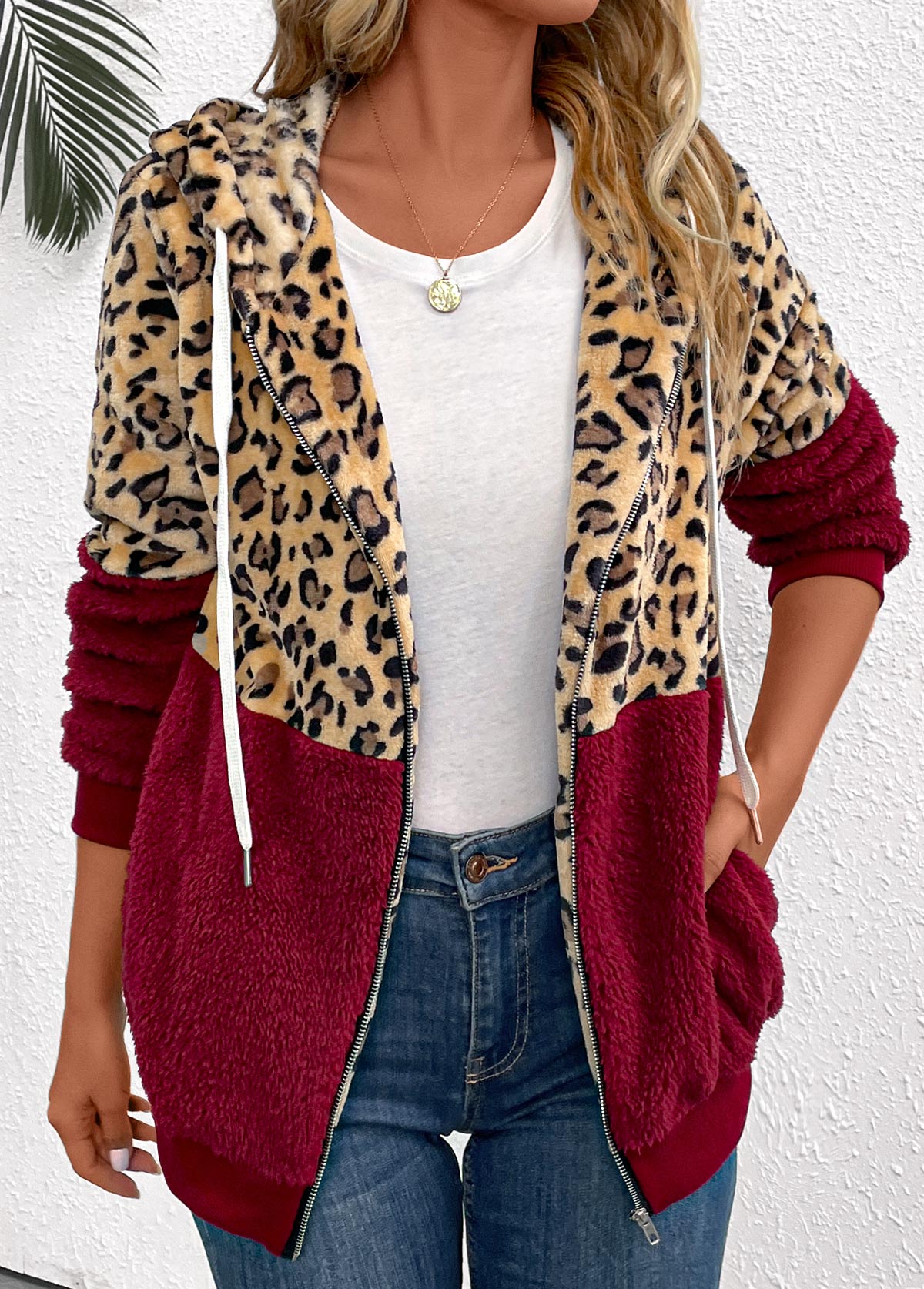 Patchwork Leopard Wine Red Hooded Long Sleeve Coat