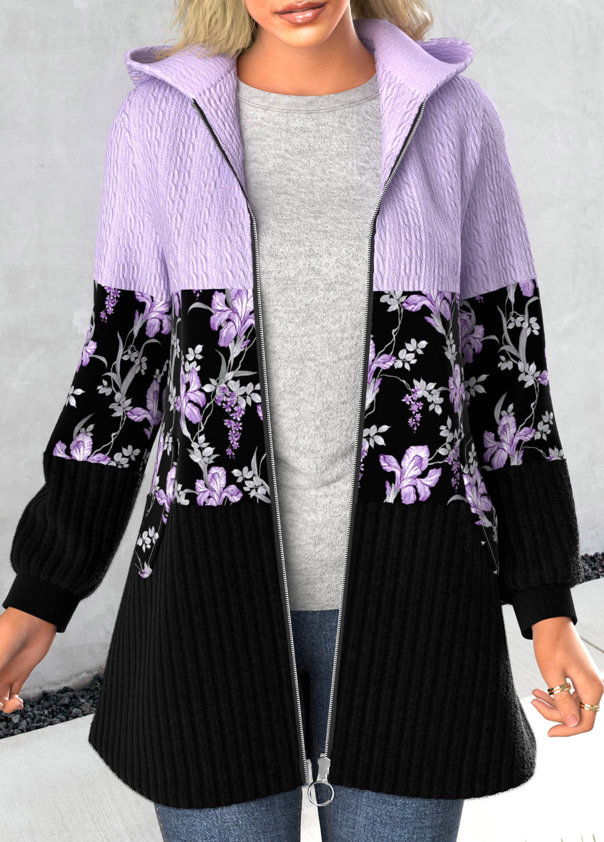 ROTITA Patchwork Floral Print Light Purple Hooded Long Sleeve Coat