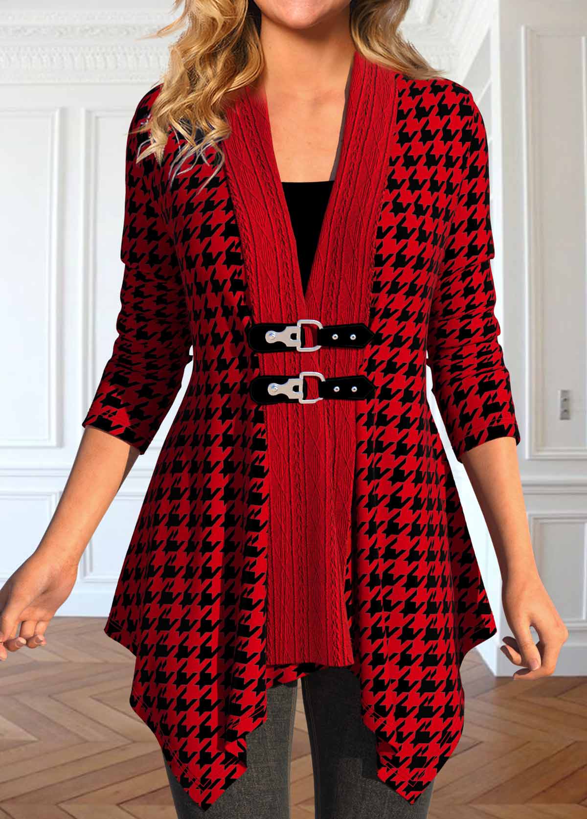 Wine Red tops,Plaid tops,Houndstooth tops,Striped tops,Geometric tops,ROTITA Patchwork Plaid Wine Red Turn Down Collar Coat