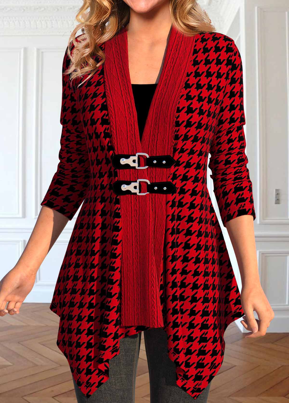 Wine Red tops,Plaid tops,Houndstooth tops,Striped tops,Geometric tops,ROTITA Patchwork Plaid Wine Red Turn Down Collar Coat