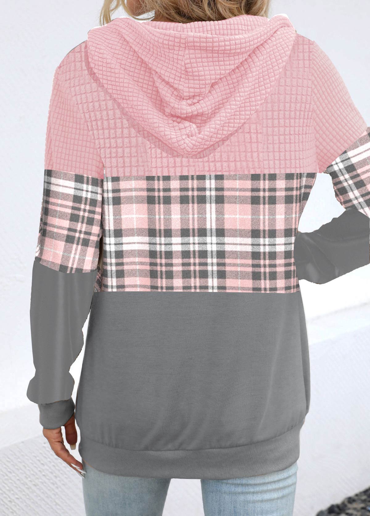 ROTITA Patchwork Plaid Light Pink Long Sleeve Hoodie