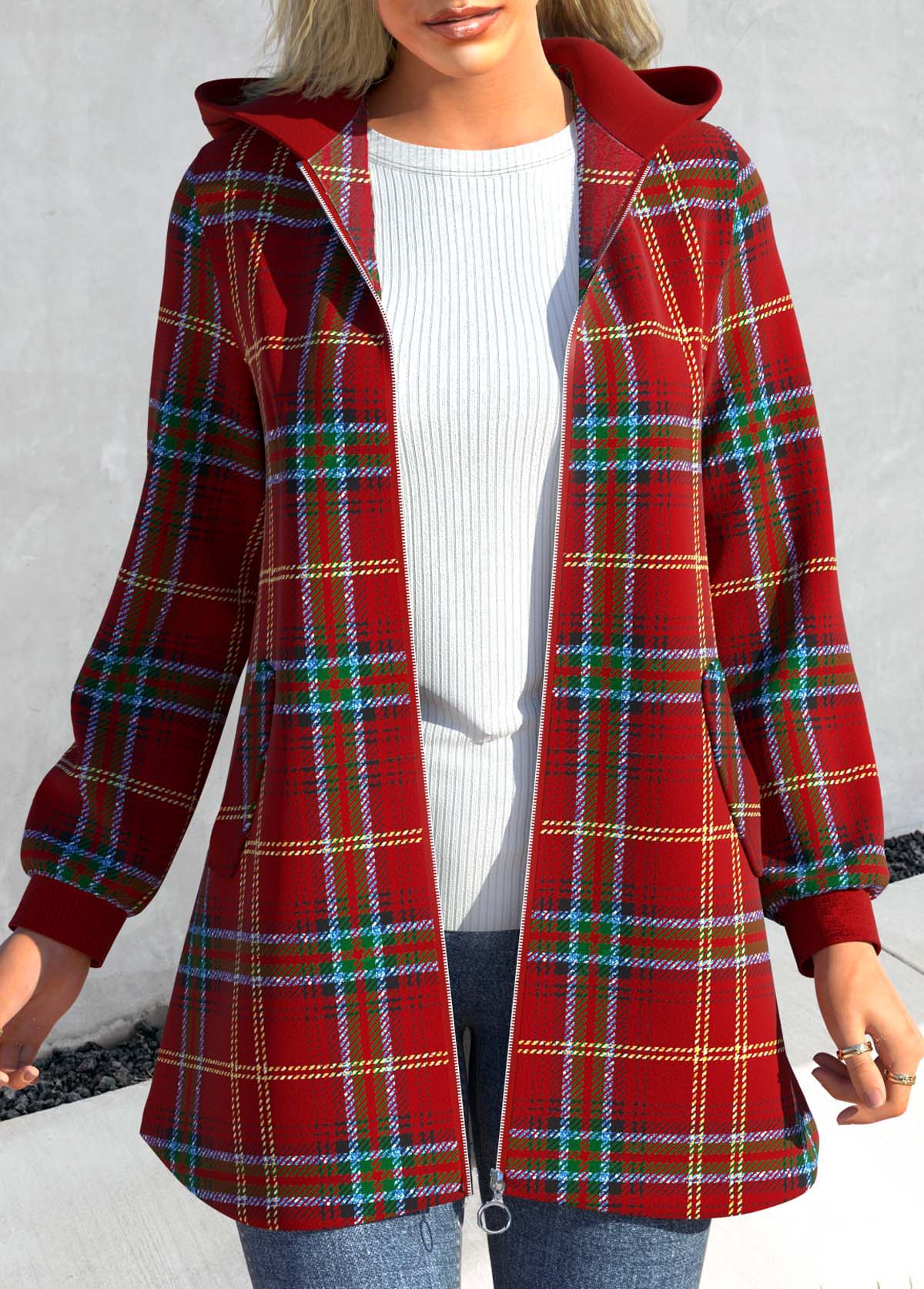 ROTITA Patchwork Plaid Wine Red Hooded Long Sleeve Coat