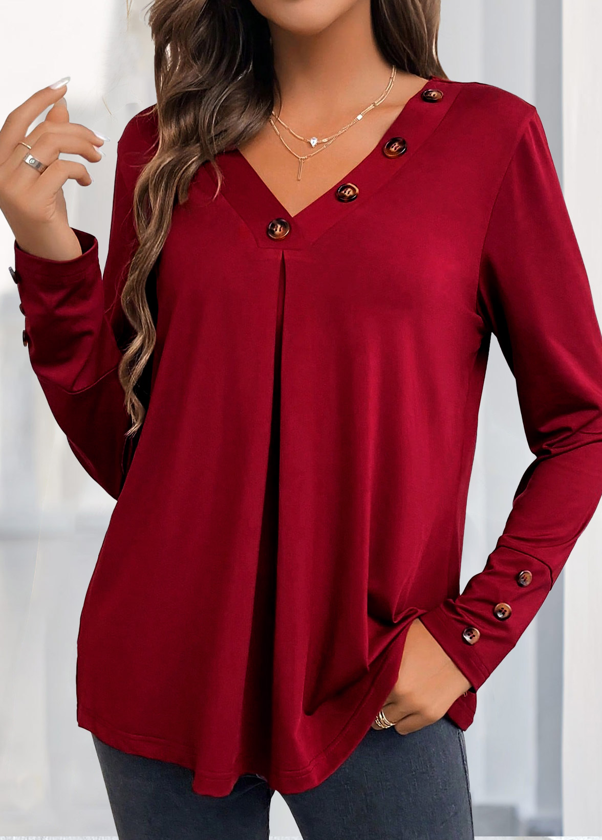 ROTITA Button Wine Red V Neck Long Sleeve Blouse