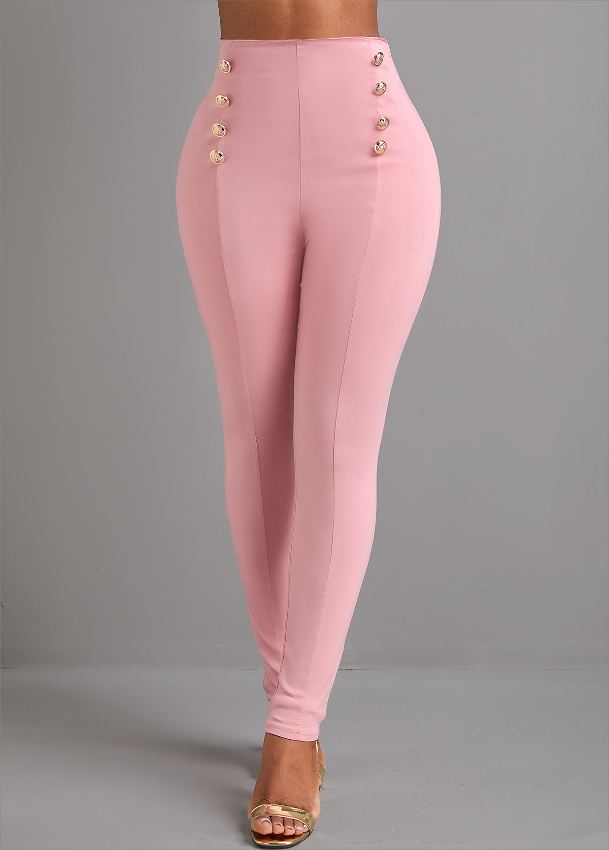 ROTITA Button Pink Skinny Elastic Waist High Waisted Pants