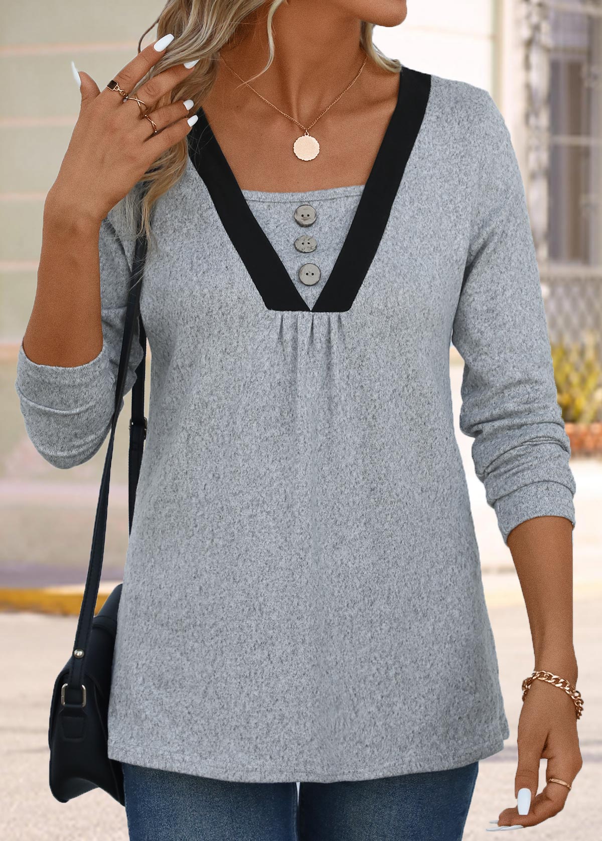 Button Grey Square Neck Long Sleeve T Shirt
