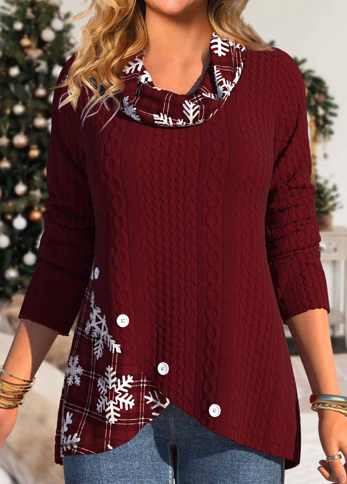 ROTITA Christmas Button Snowflake Print Deep Red Cowl Neck Sweatshirt