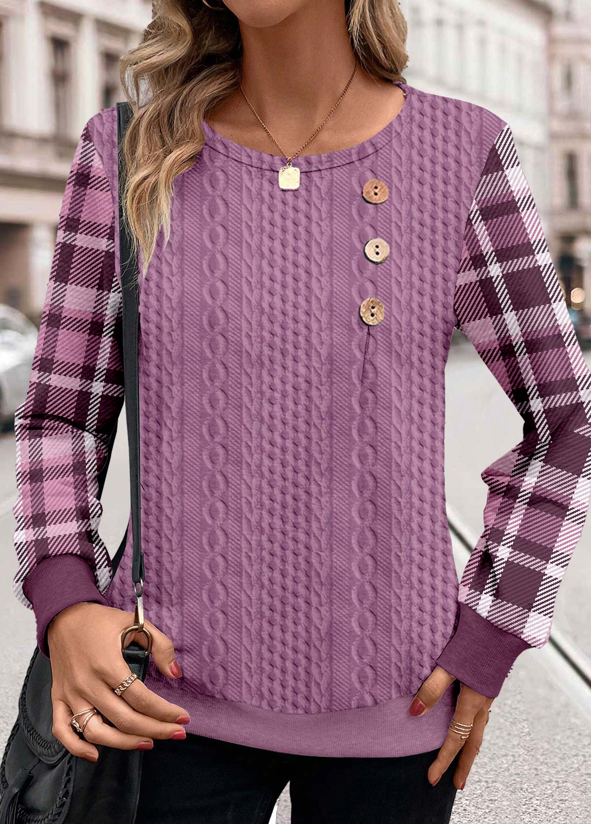 ROTITA Patchwork Plaid Purple Round Neck Long Sleeve Sweatshirt