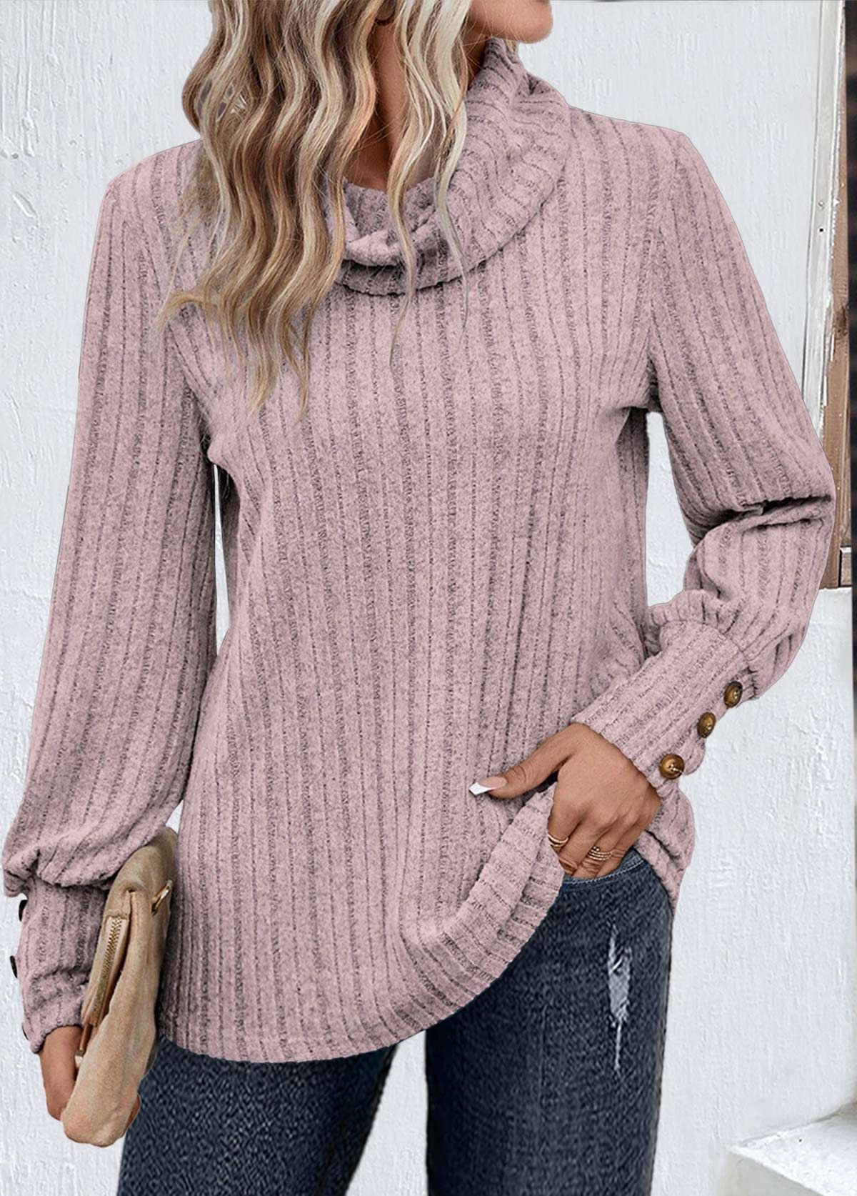 Light Purple tops,Plain Color tops,ROTITA Button Light Purple Cowl Neck Long Sleeve Sweatshirt