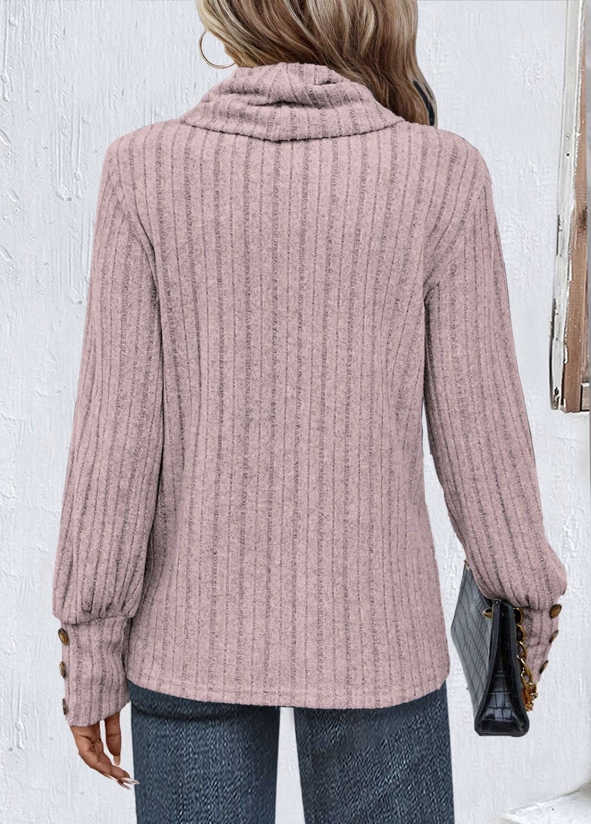 Light Purple tops,Plain Color tops,ROTITA Button Light Purple Cowl Neck Long Sleeve Sweatshirt