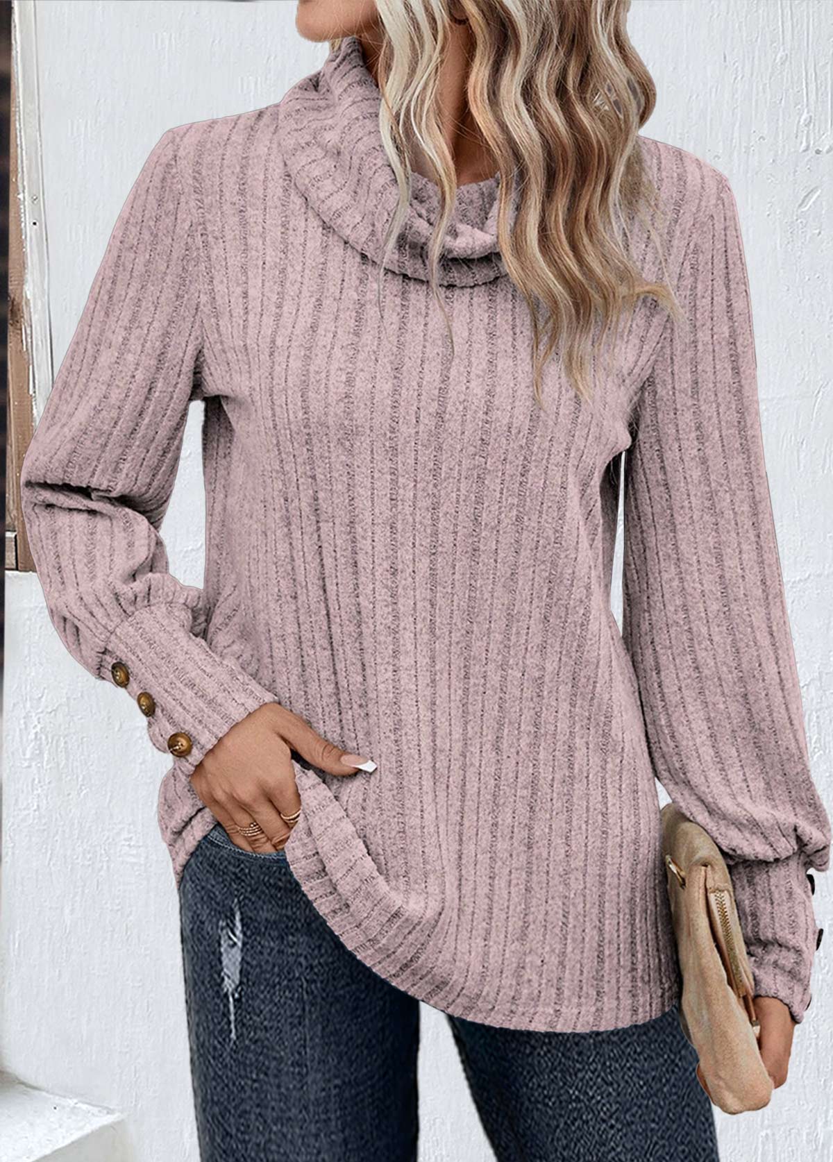Light Purple tops,Plain Color tops,ROTITA Button Light Purple Cowl Neck Long Sleeve Sweatshirt