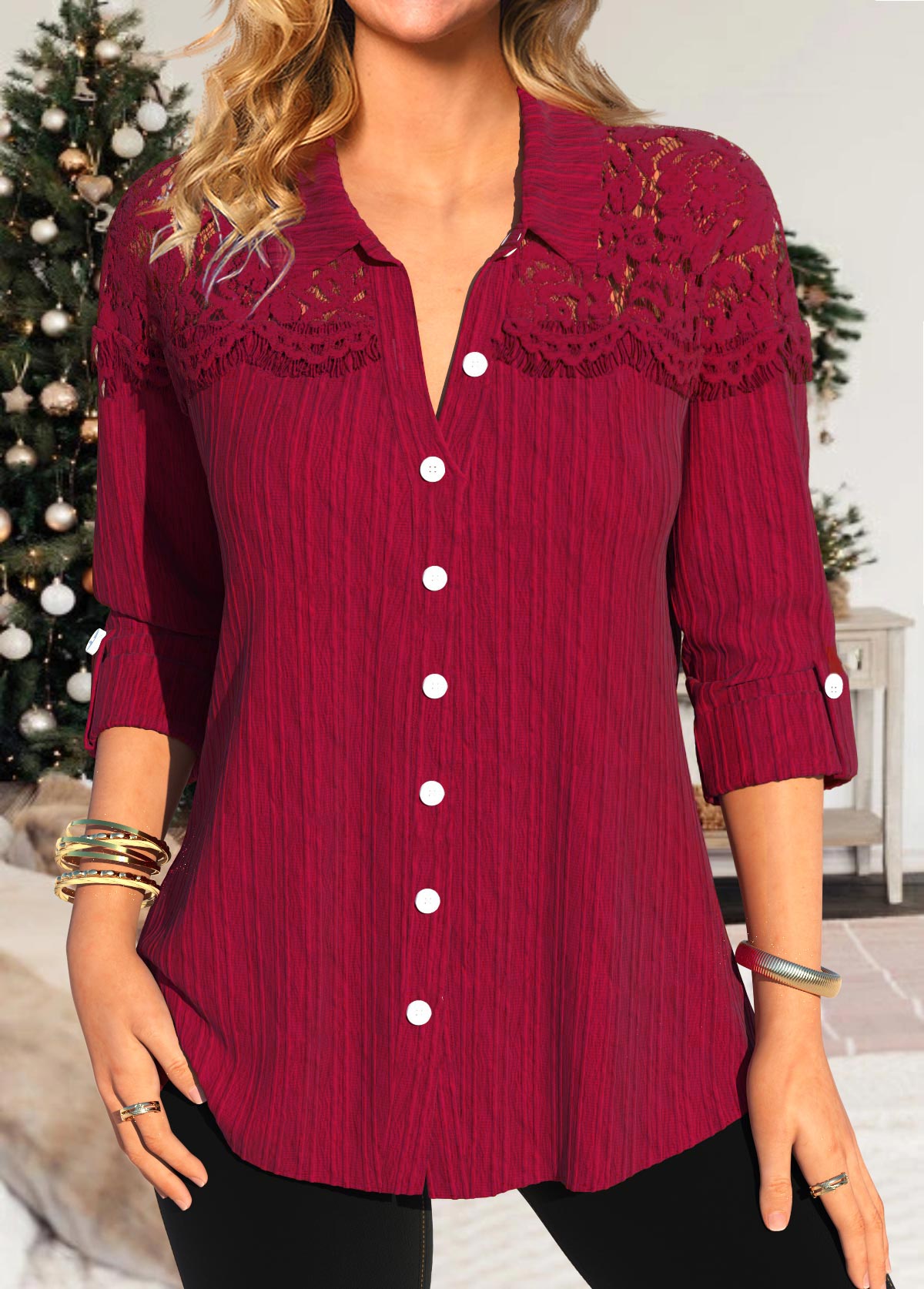 ROTITA Patchwork Wine Red Turn Down Collar Long Sleeve Blouse