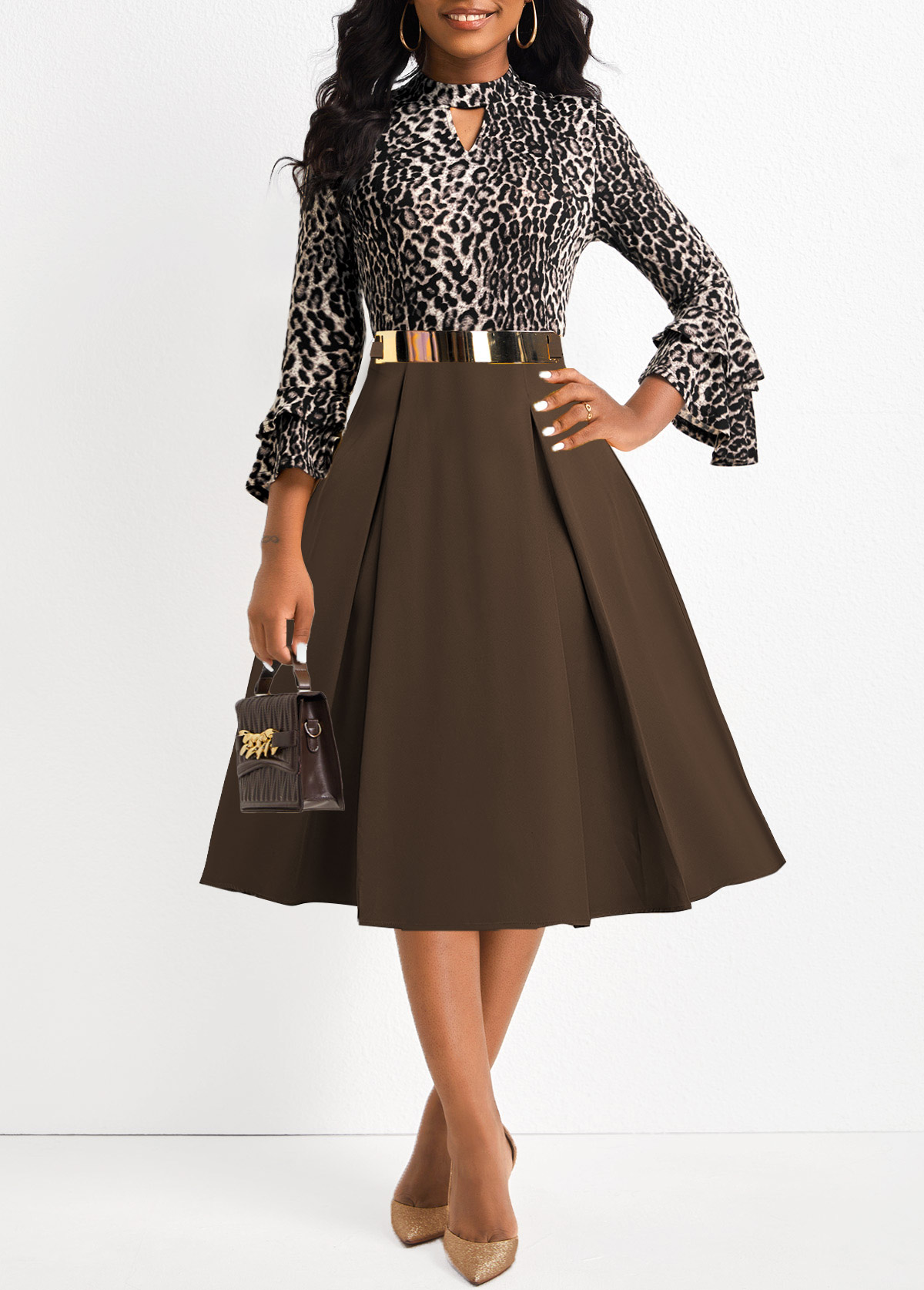 ROTITA Patchwork Leopard Dark Coffee Belted Stand Collar Dress
