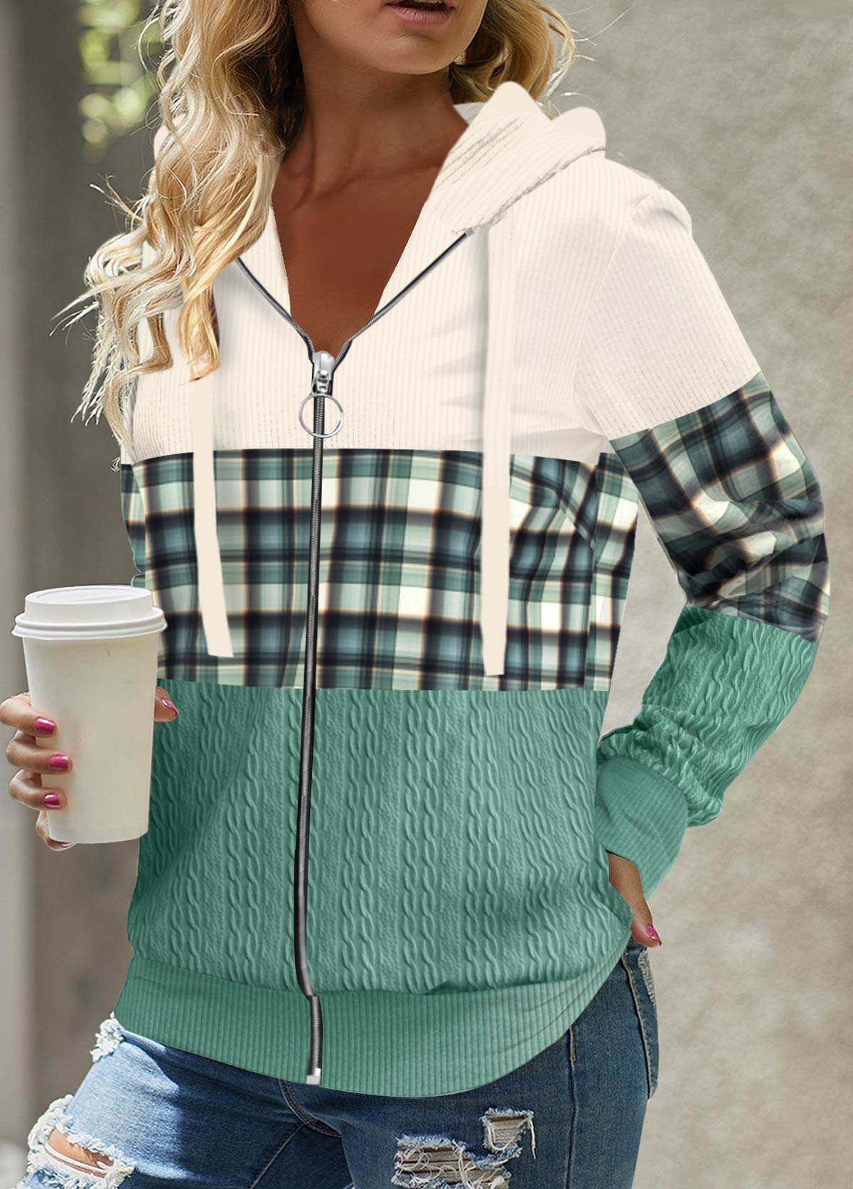 Green tops,Plaid tops,Striped tops,ROTITA Patchwork Plaid Green Long Sleeve Hoodie