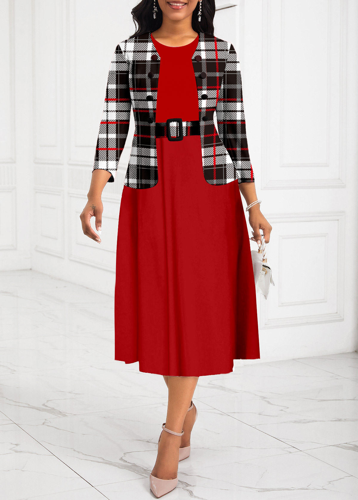 ROTITA Two-Piece Plaid Red Belted Round Neck Dress and Cardigan