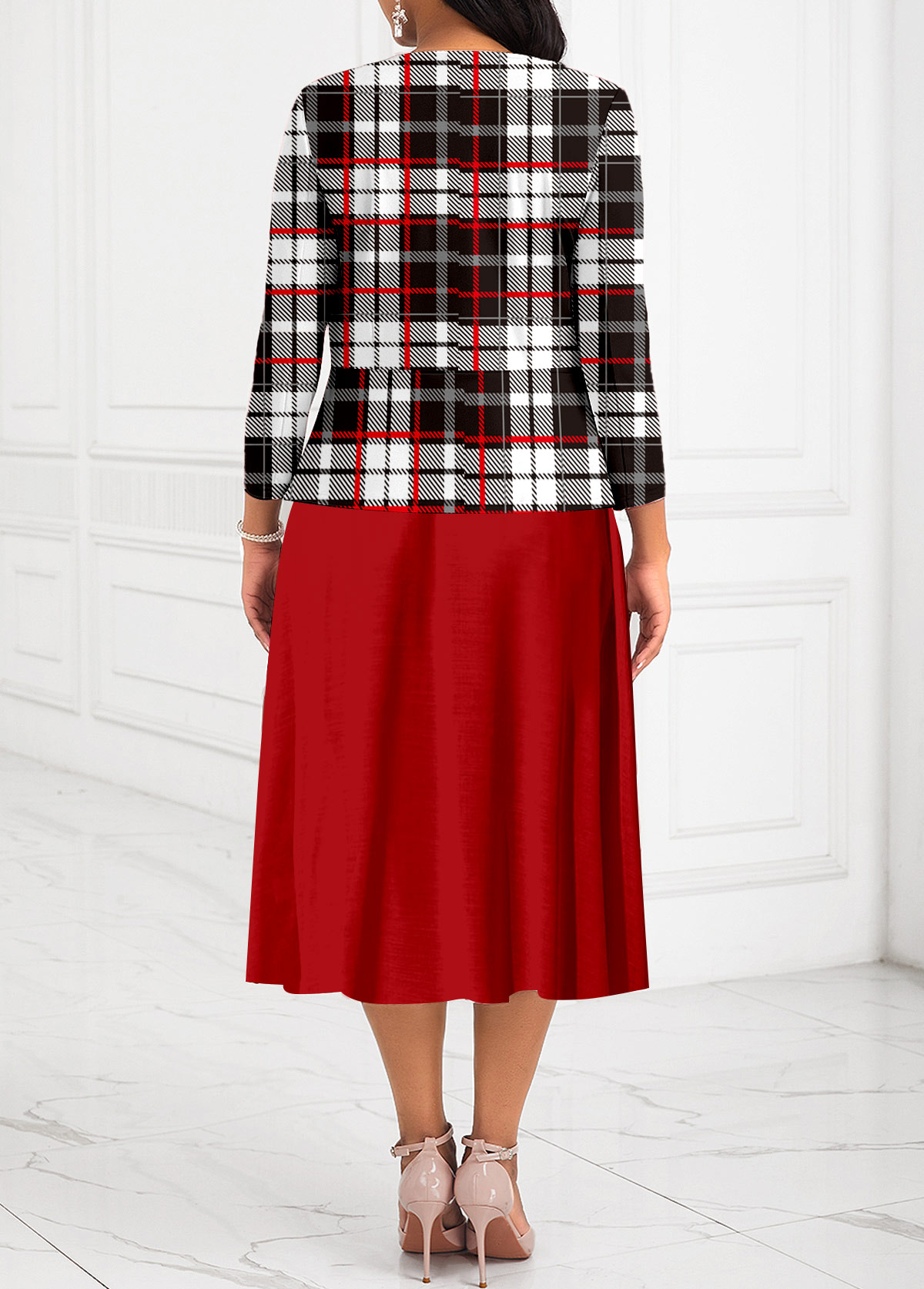 Red plus size,Plaid plus size,Striped plus size,Geometric plus size,ROTITA Plus Size Two Piece Red Belted Plaid Dress