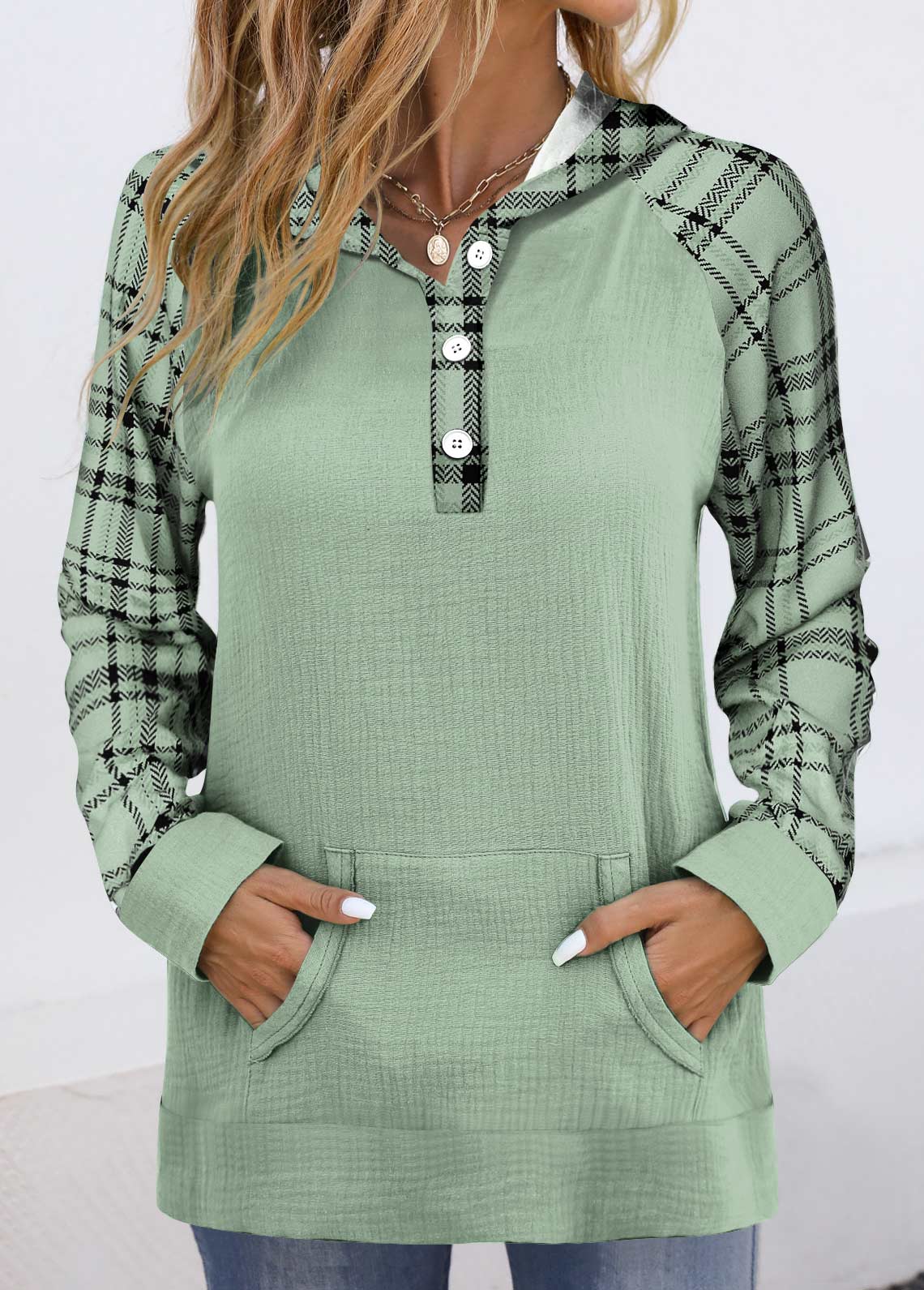 Sage Green tops,Plaid tops,Striped tops,Geometric tops,ROTITA Pocket Plaid Sage Green Long Sleeve Hoodie