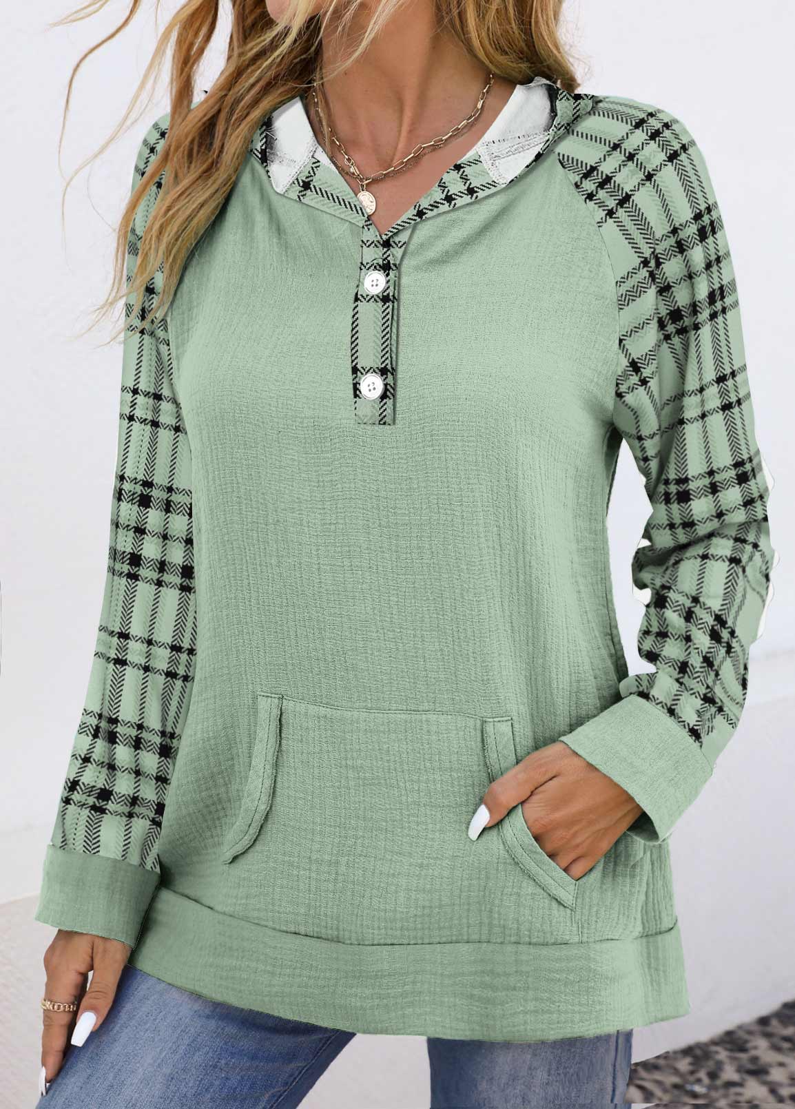 Sage Green tops,Plaid tops,Striped tops,Geometric tops,ROTITA Pocket Plaid Sage Green Long Sleeve Hoodie