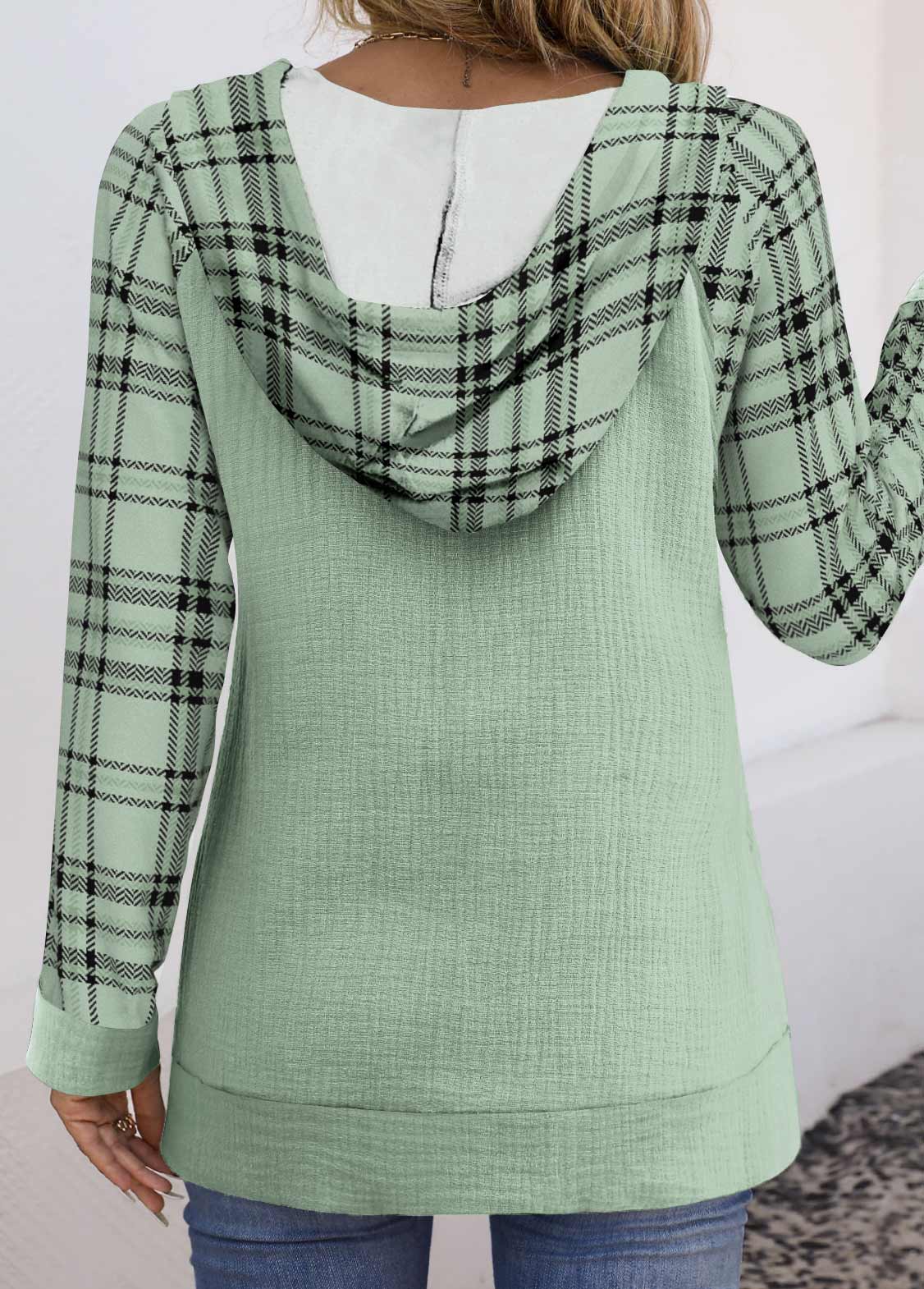 Sage Green tops,Plaid tops,Striped tops,Geometric tops,ROTITA Pocket Plaid Sage Green Long Sleeve Hoodie