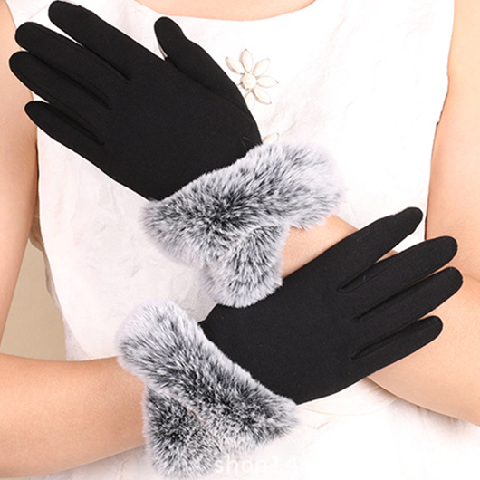 Black Warming Faux Fur Wrist Full Finger Gloves