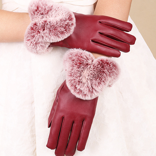 Wine Red Warming Faux Fur Wrist Full Finger Gloves