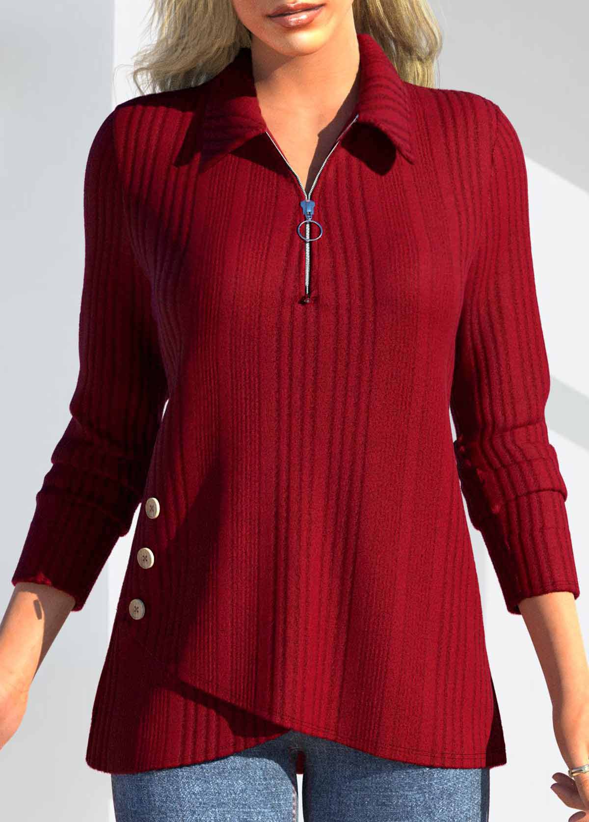 ROTITA Zipper Red Polo Collar Long Sleeve T Shirt