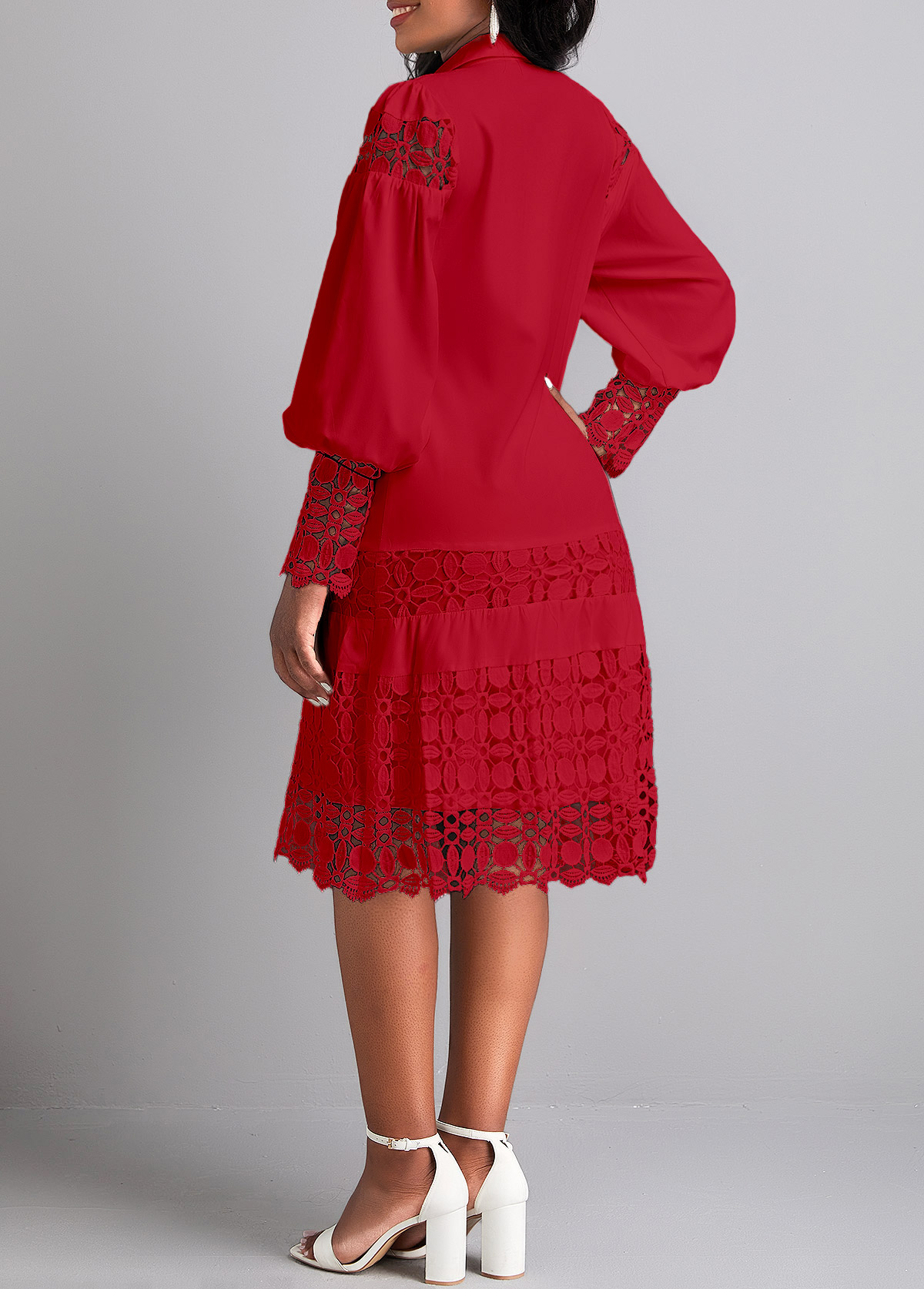 Wine Red dresses,Plain Color dresses,Party dresses,Elegant dresses,ROTITA Lace Wine Red Shirt Collar Long Sleeve Shift Dress