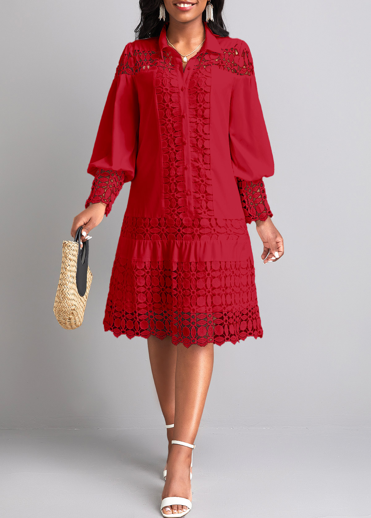 Wine Red dresses,Plain Color dresses,Party dresses,Elegant dresses,ROTITA Lace Wine Red Shirt Collar Long Sleeve Shift Dress