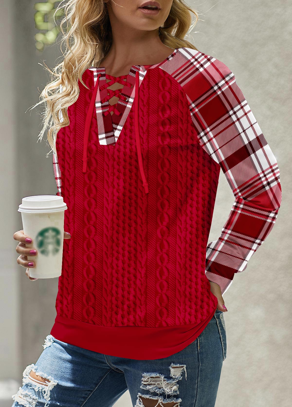 ROTITA Lace Up Plaid Red Split Neck Long Sleeve Sweatshirt