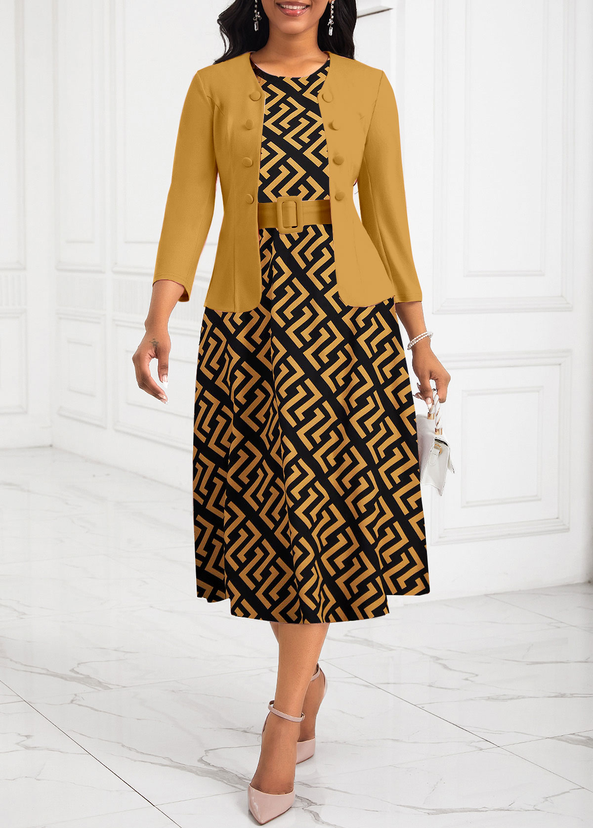 ROTITA Two Piece Geometric Print Ginger Belted Round Neck Dress and Cardigan