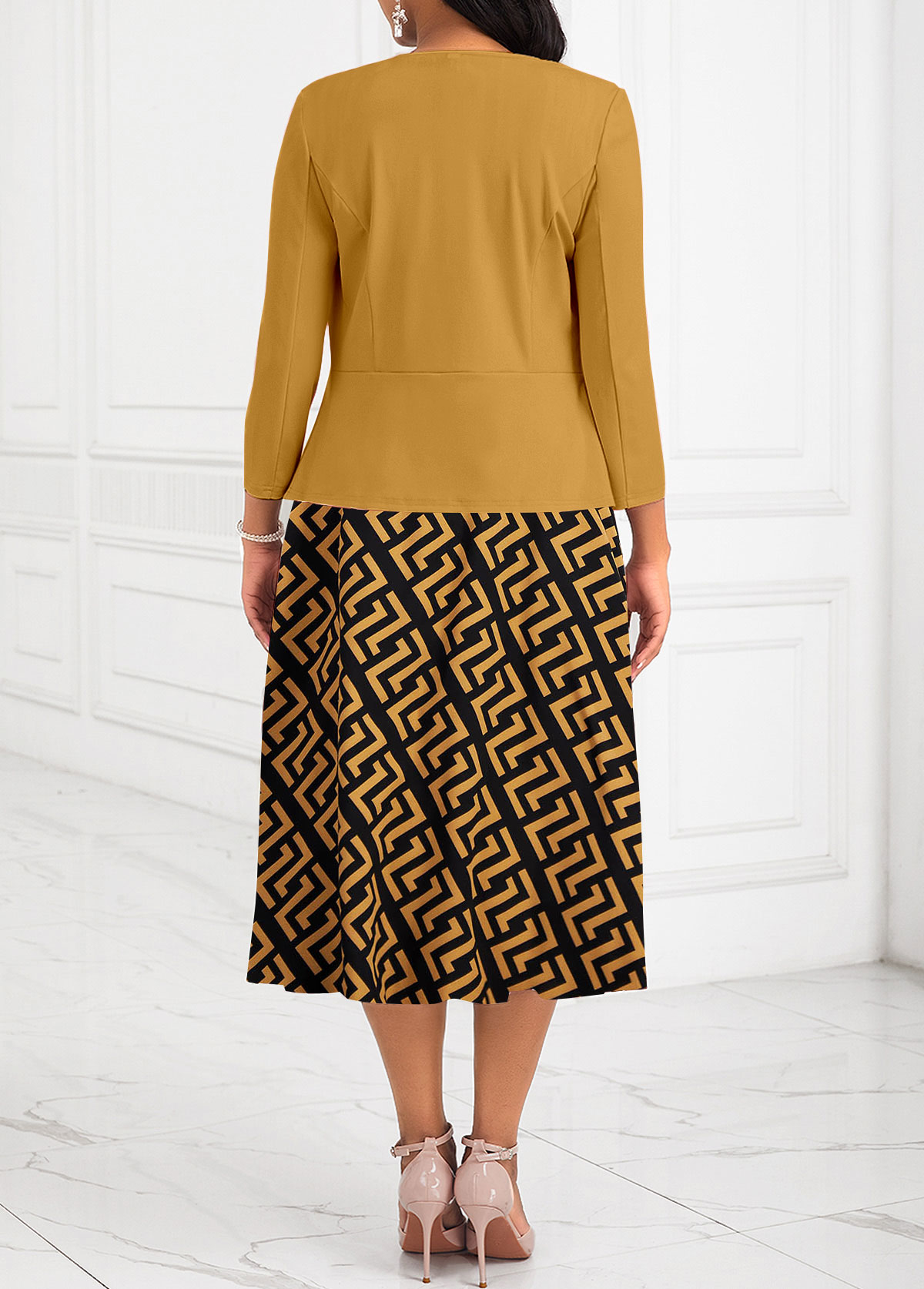 ROTITA Two Piece Geometric Print Ginger Belted Round Neck Dress and Cardigan
