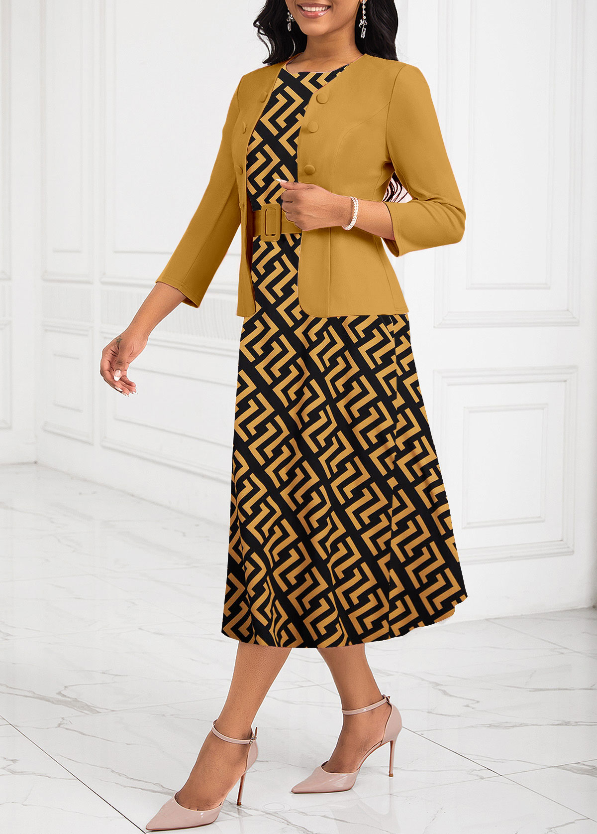 ROTITA Two Piece Geometric Print Ginger Belted Round Neck Dress and Cardigan