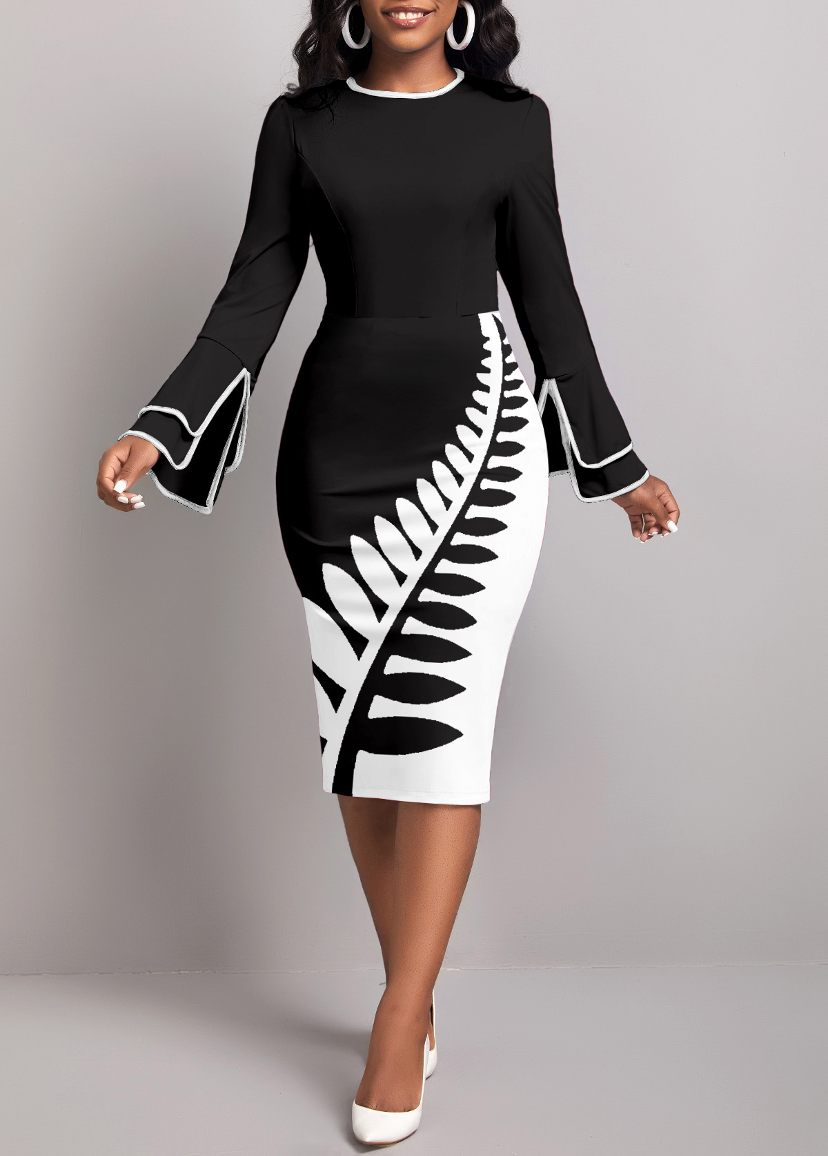 ROTITA Plus Size Split Black Leaf Print Bodycon Dress