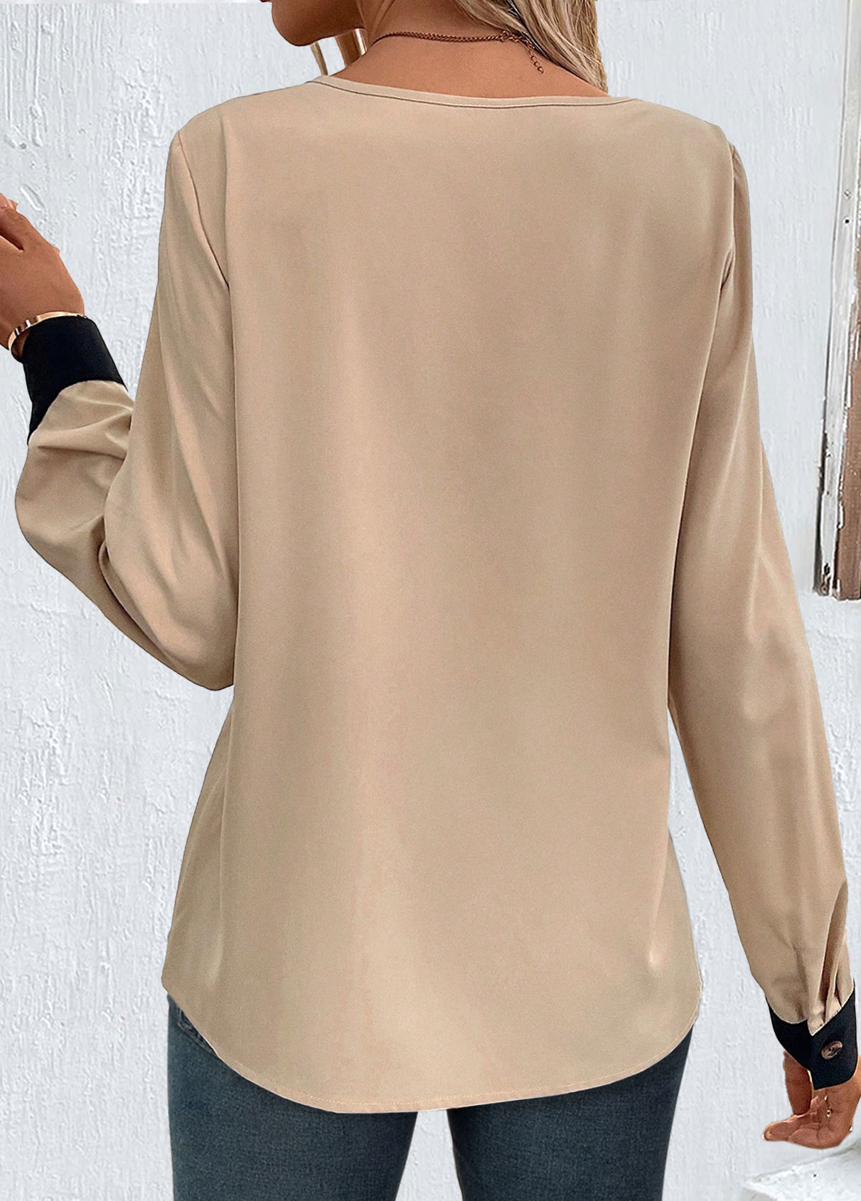 Rotita Plus Size Patchwork-Bluse in hellem Kamel mit asymmetrischem Ausschnitt