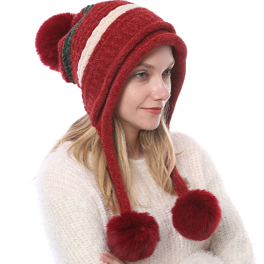 Striped Plush Wine Red Knitted Hat