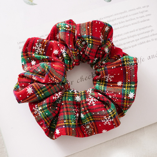 Christmas Plaid Snowflake Detail Red Scrunchie