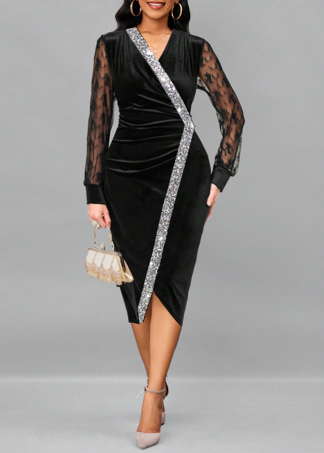 ROTITA Sequin Black V Neck Long Sleeve Dress