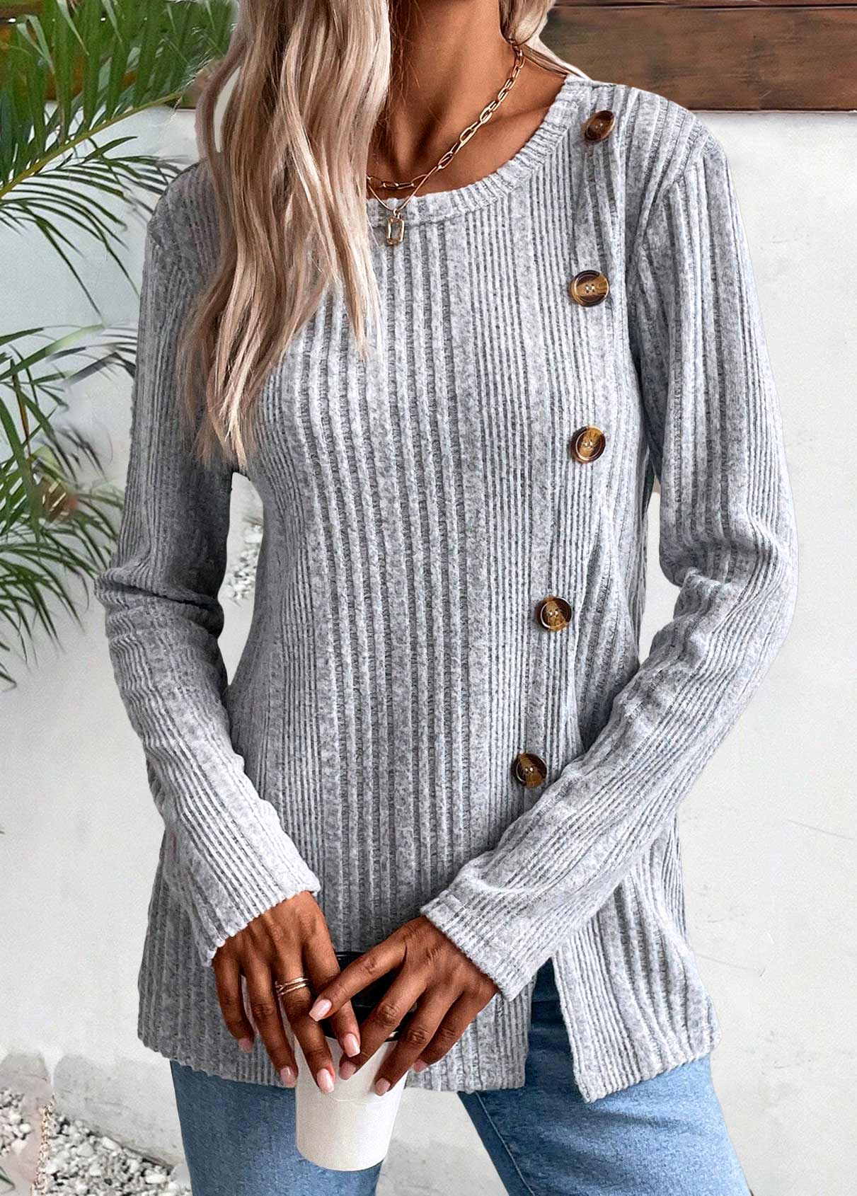 Light Grey Marl tops,Plain Color tops,ROTITA Button Light Grey Marl Round Neck T Shirt