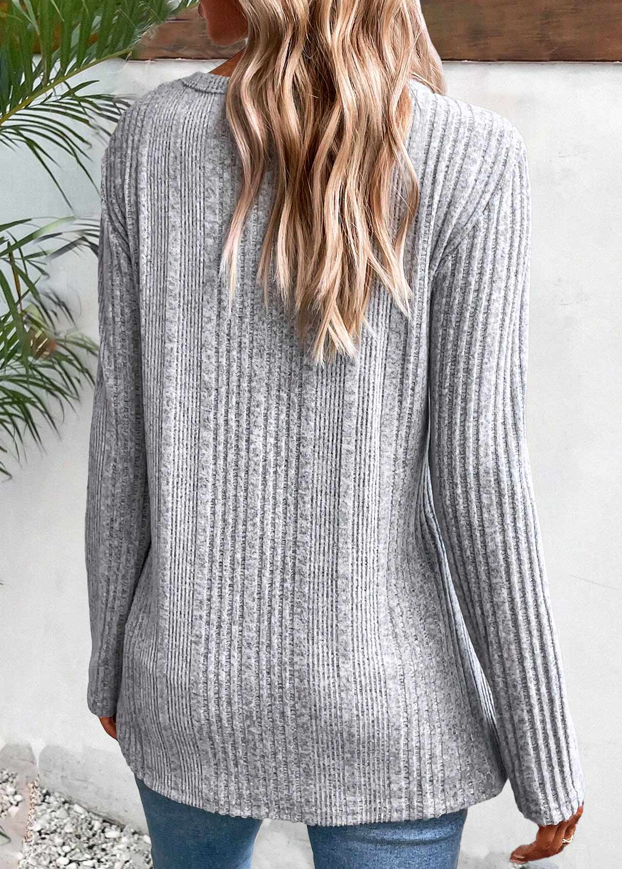 Light Grey Marl tops,Plain Color tops,ROTITA Button Light Grey Marl Round Neck T Shirt