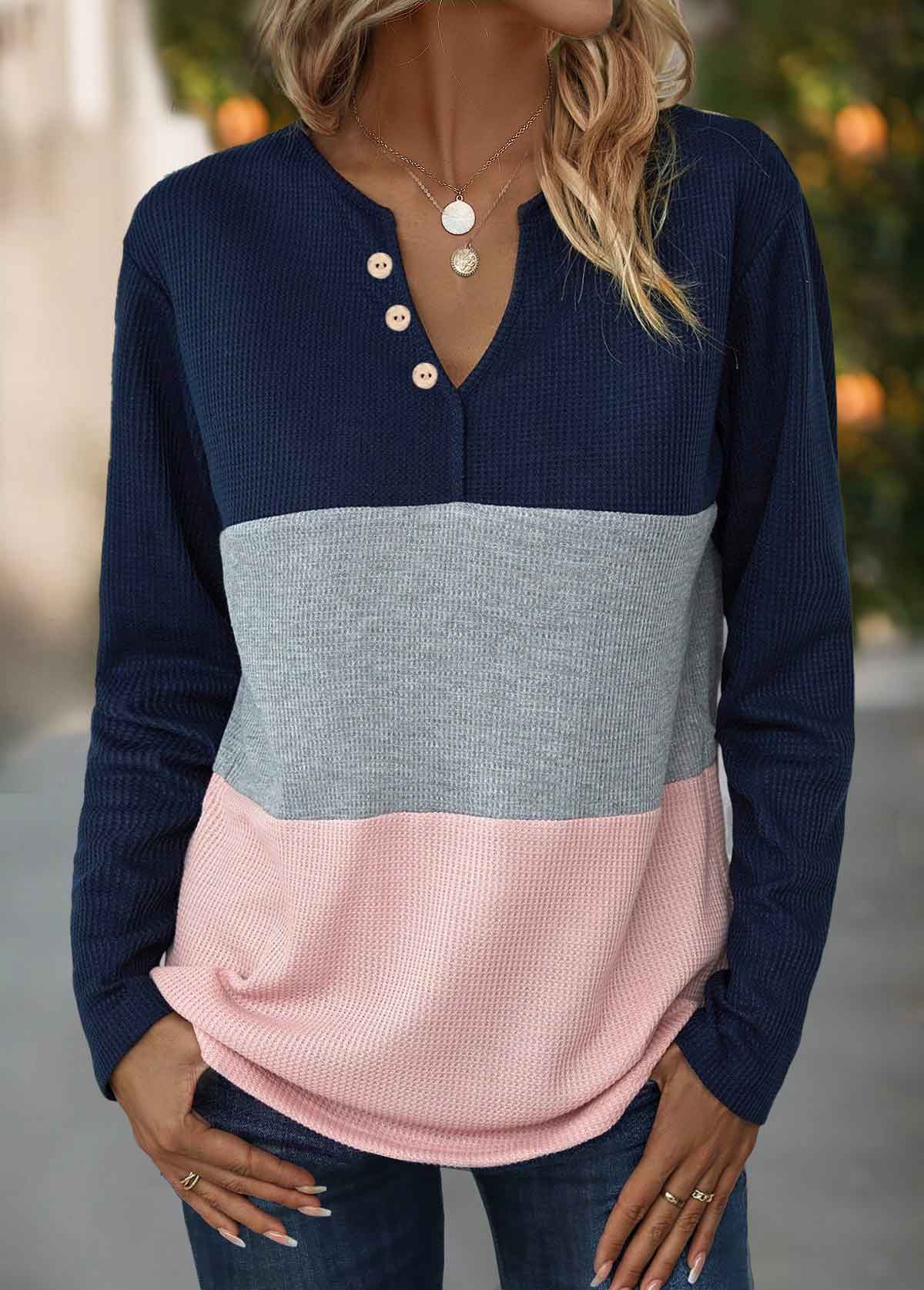 Navy tops,Light Pink tops,Contrast Color tops,ROTITA Button Navy Split Neck Long Sleeve T Shirt