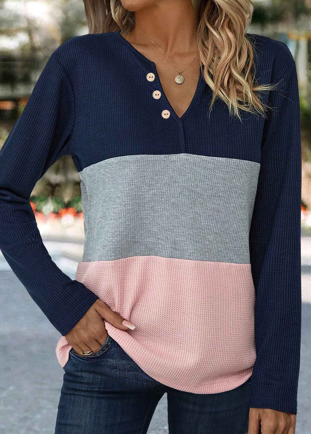 Navy tops,Light Pink tops,Contrast Color tops,ROTITA Button Navy Split Neck Long Sleeve T Shirt