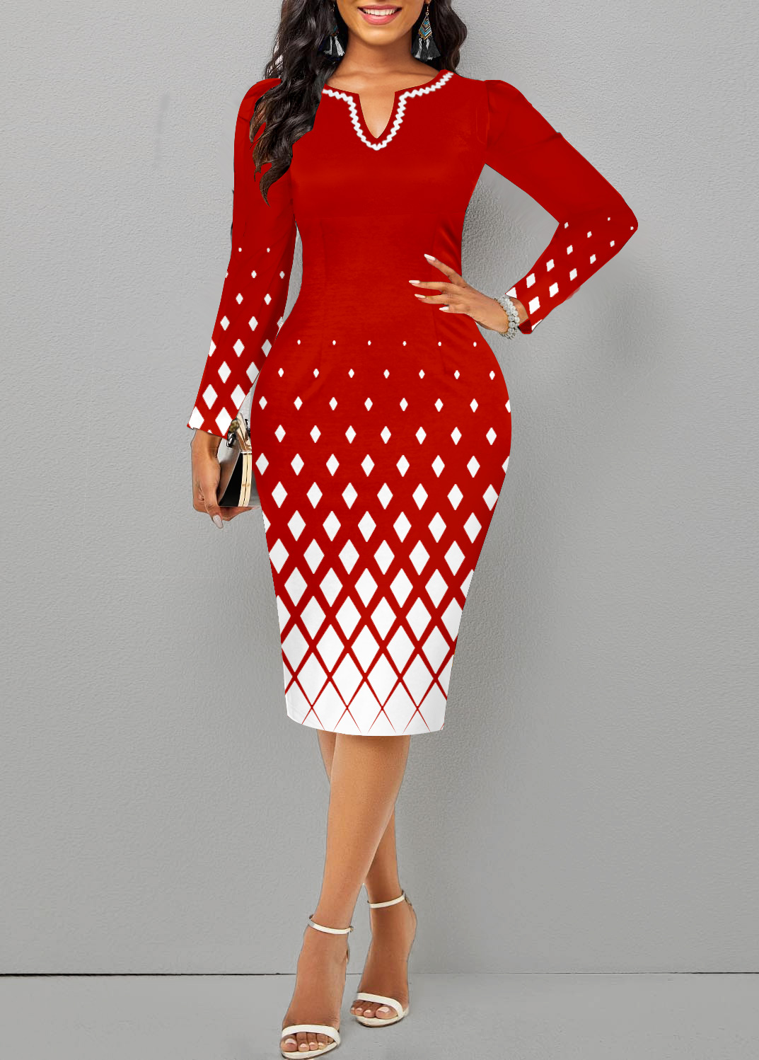 ROTITA Split Geometric Print Red Long Sleeve Christmas Dress
