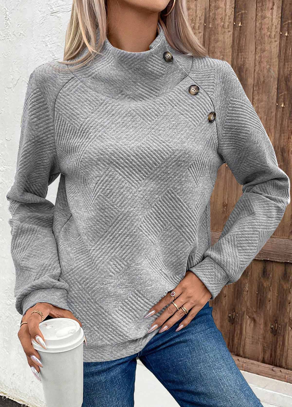 ROTITA Button Grey Turtleneck Long Sleeve Sweatshirt